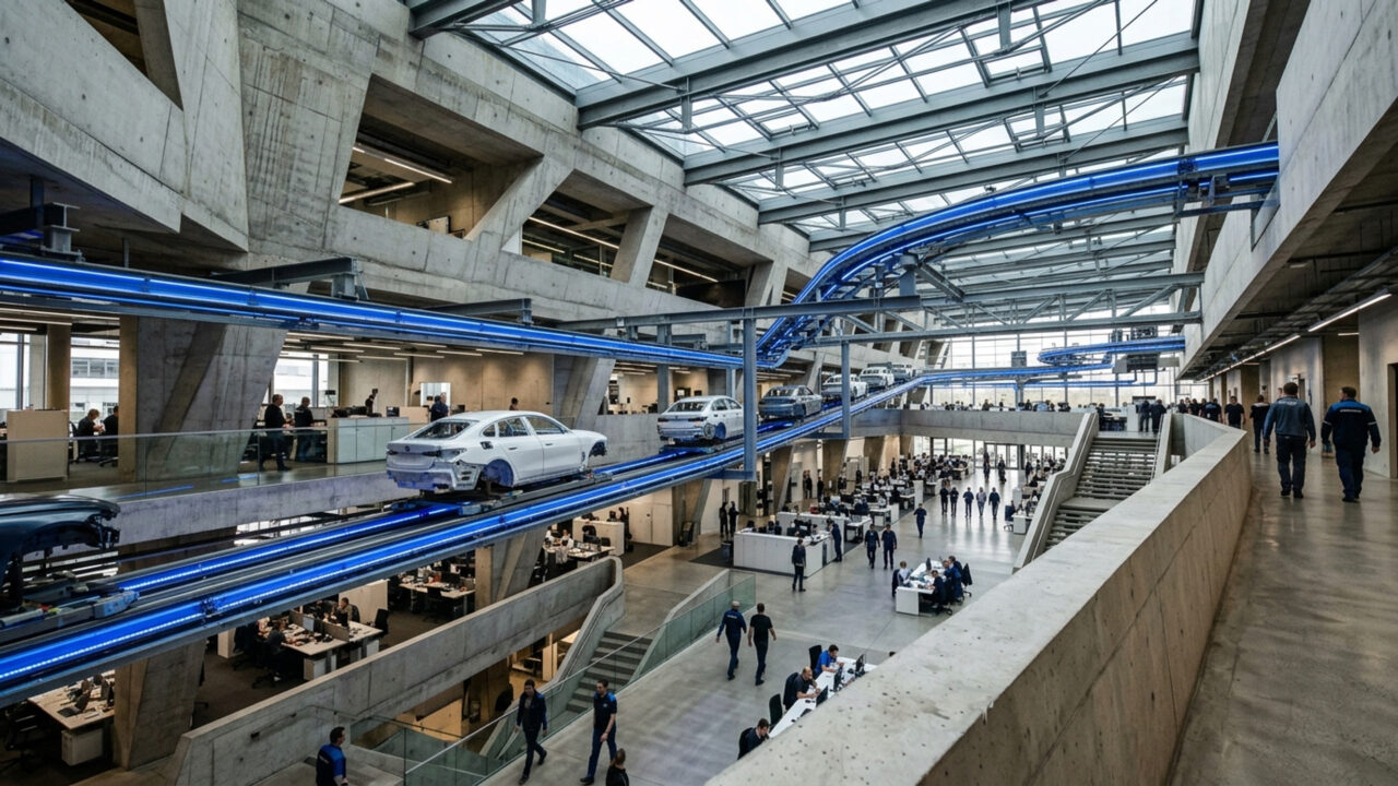 Com esteiras suspensas que movem carros na fábrica e projeto de Zaha Hadid de 2005, o edifício unificou a produção e o trabalho administrativo