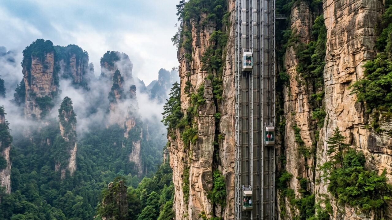 O elevador Bailong de vidro que sobe um penhasco de 326 metros na China em menos de 2 minutos