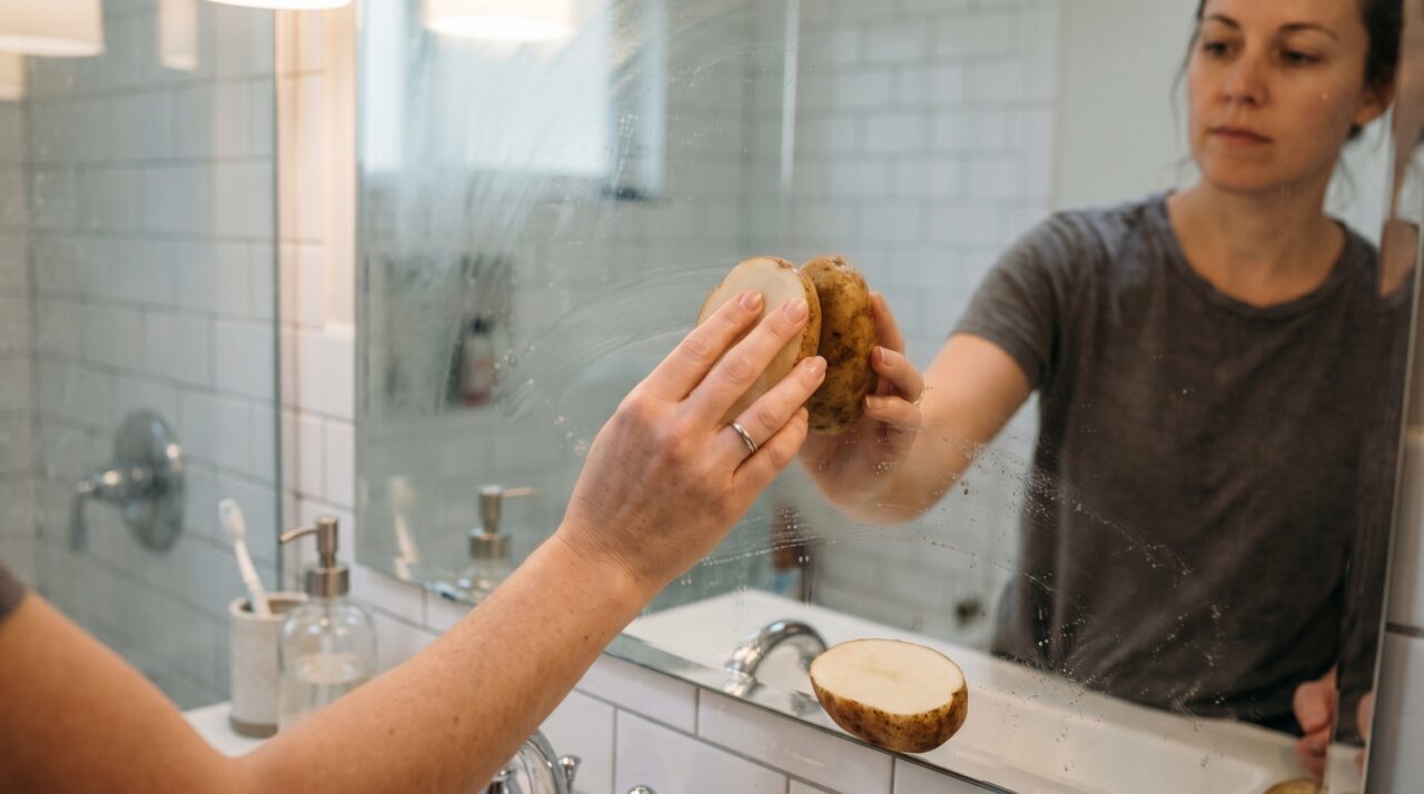 Truque caseiro com batata para não embaçar o espelho do banheiro.