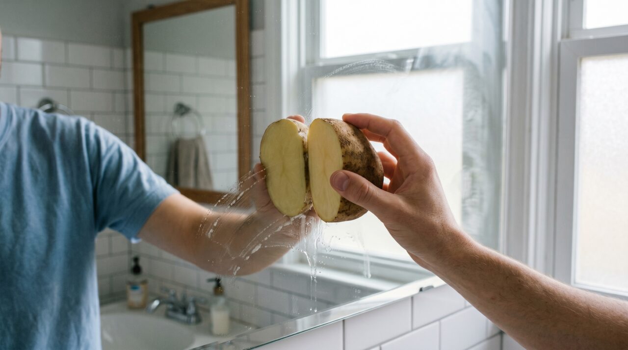 Truque caseiro com batata para não embaçar o espelho do banheiro.