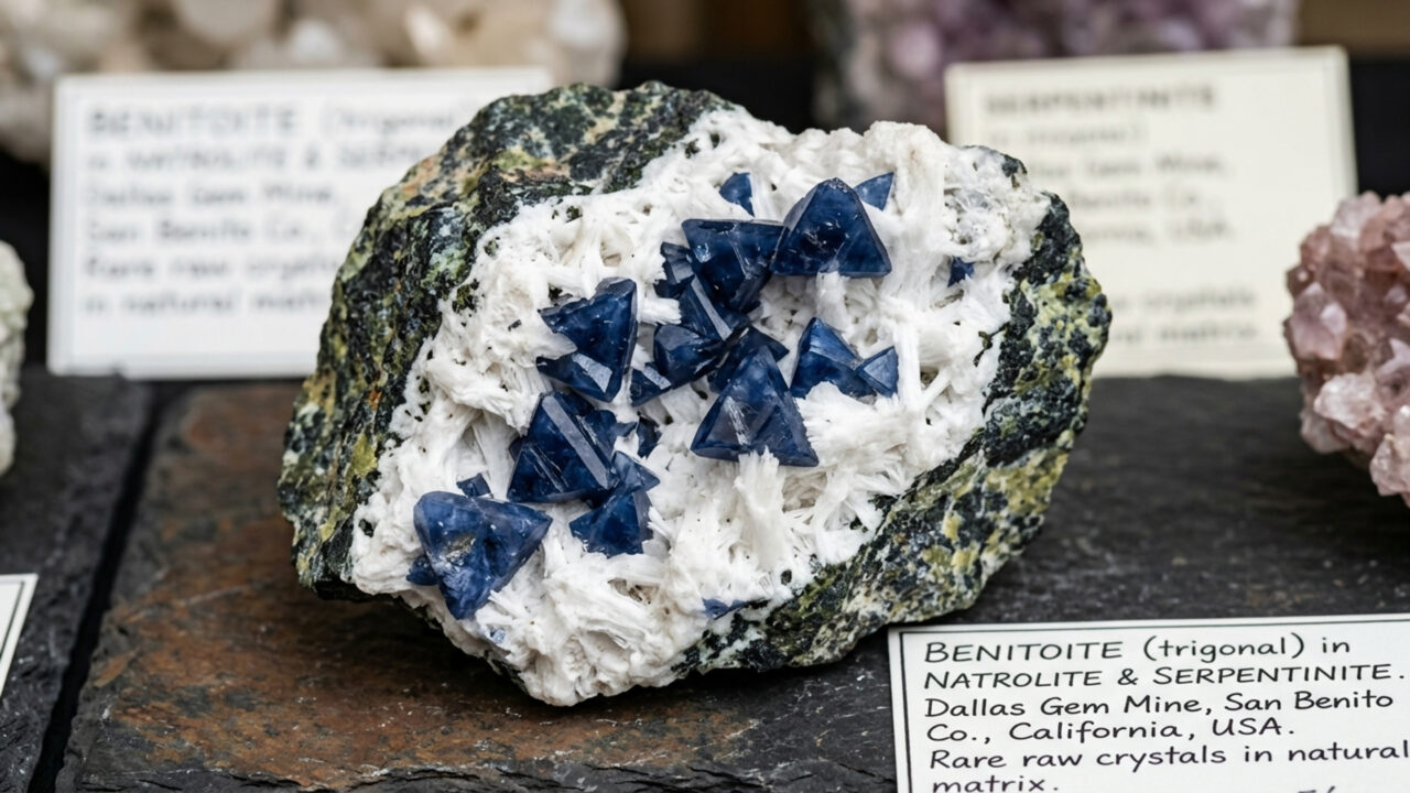 Esqueça a safira e o espinélio azul, pois este silicato de bário descoberto em 1907 brilha sob luz ultravioleta com azul neon intenso