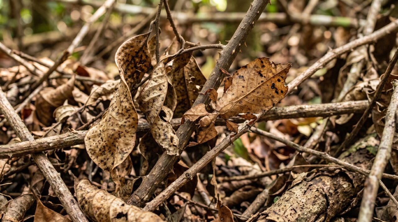 Camuflagem e hábitos do bicho-folha para escapar de predadores.