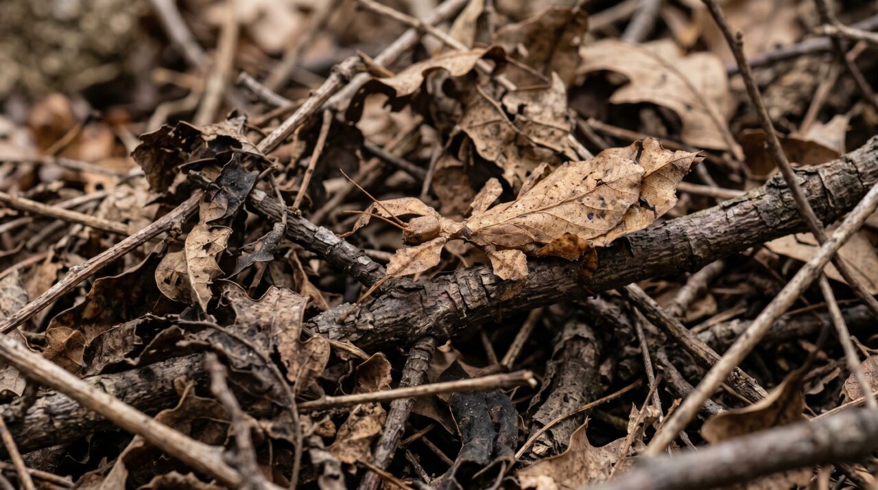 Camuflagem e hábitos do bicho-folha para escapar de predadores.