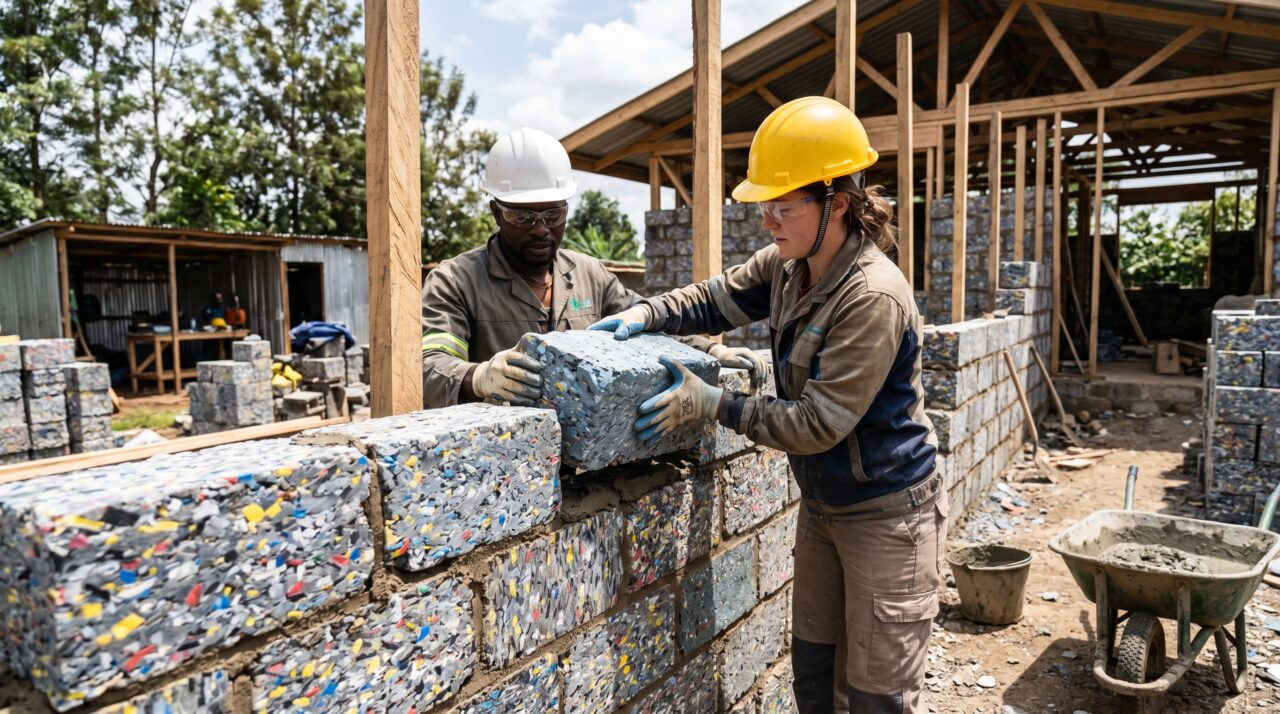 Construção civil sustentável e rápida utilizando tijolos de plástico reciclado.