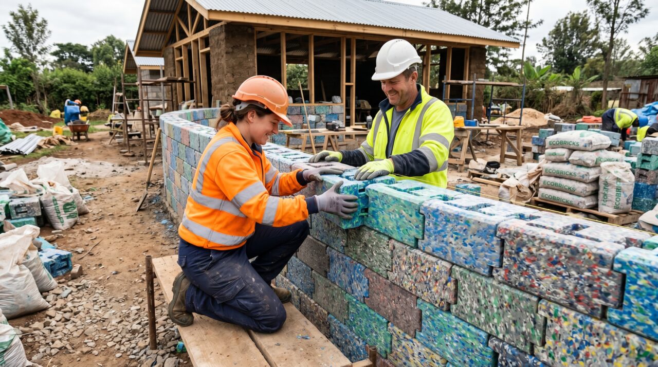 Construção civil sustentável e rápida utilizando tijolos de plástico reciclado.