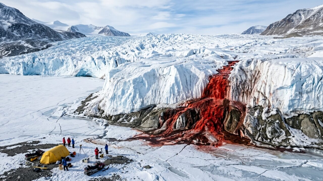 O misterioso glaciar congelado de cinco andares de altura completamente isolado no polo sul da Antártida que sangra uma cachoeira vermelho-carmesim ininterrupta e forçou a ciência a reescrever o que sabíamos sobre a vida