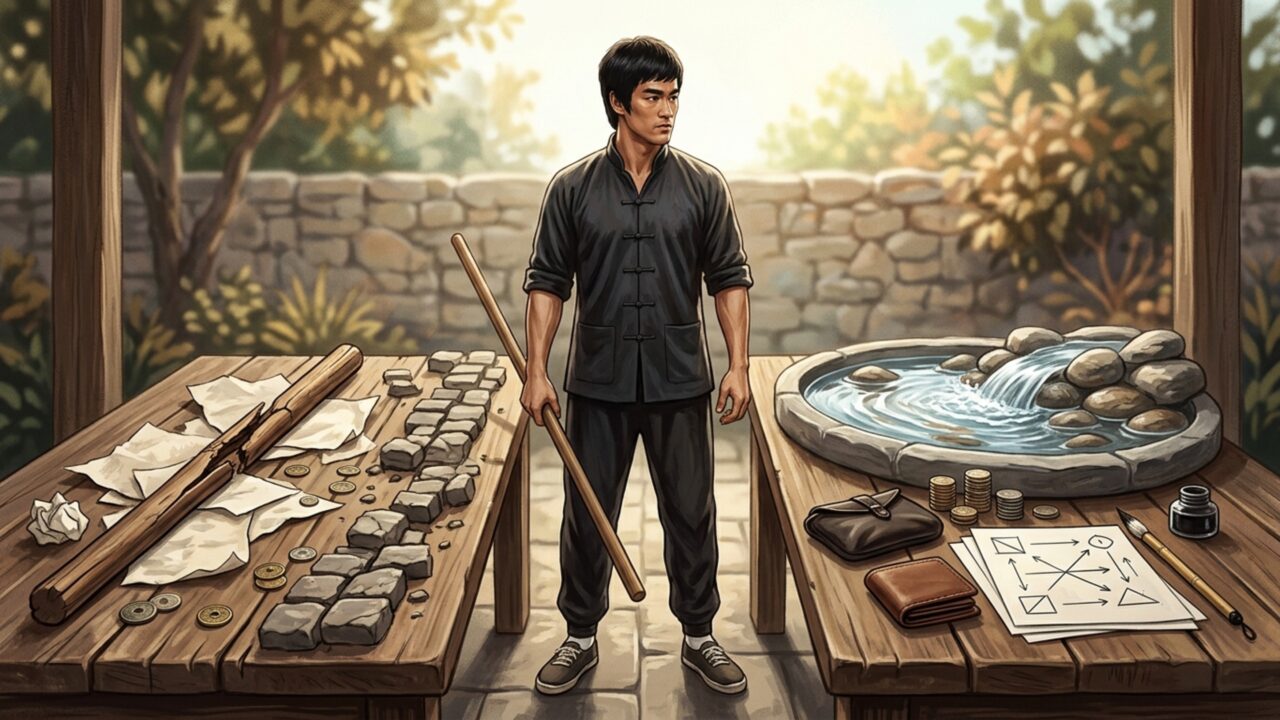 Bruce Lee, artista marcial que via adaptação como poder maior que rigidez: “Seja água, meu amigo”