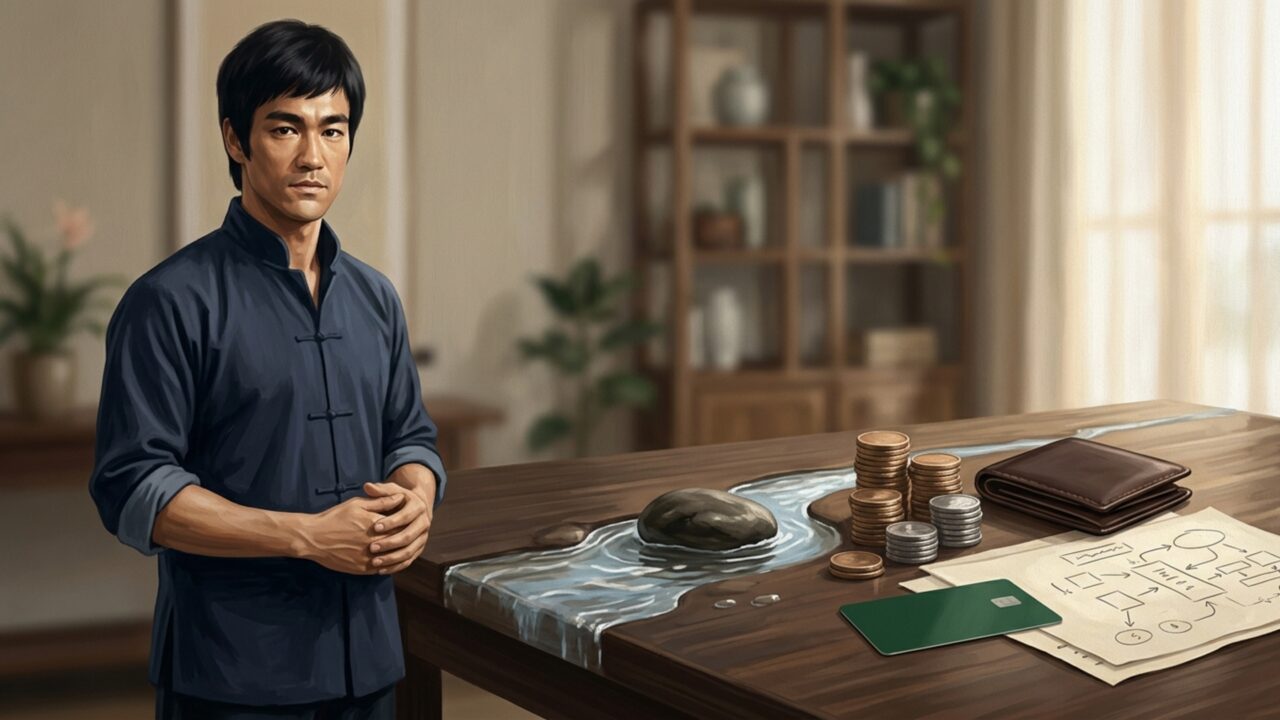 Bruce Lee, artista marcial que via adaptação como poder maior que rigidez: “Seja água, meu amigo”