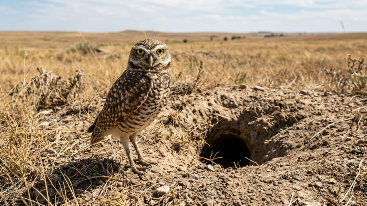 A pequena ave de rapina adota buracos de até 3 metros de extensão no solo; ela vigia o território de dia e caça roedores com suas garras afiadas