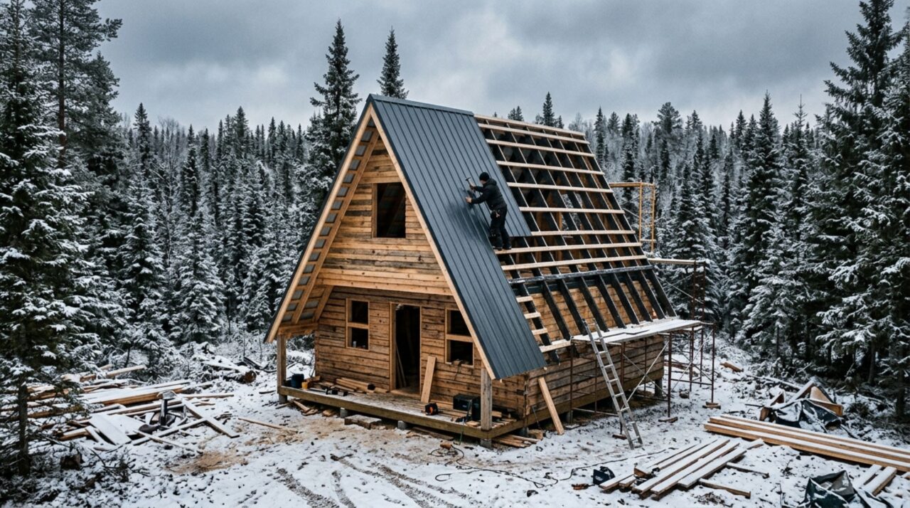 Casal constrói cabana dos sonhos sozinhos em floresta remota e construção ganha vida entre fundações, telhado metálico e isolamento contra frio extremo