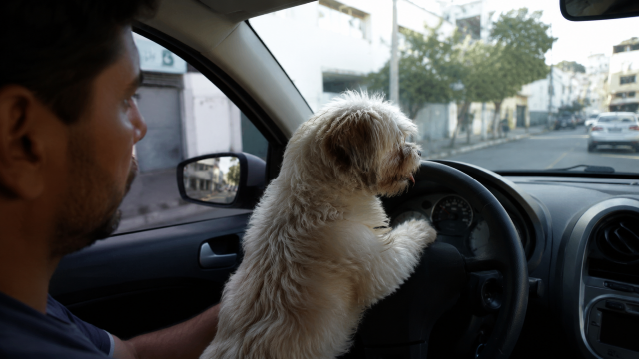O cachorro solto no carro parece cena fofa, mas pode virar infração e risco na primeira frenagem brusca