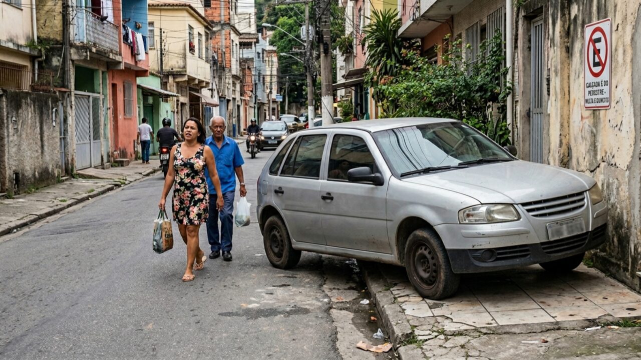 A atitude "educada" de estacionar o carro com duas rodas em cima da calçada para não atrapalhar a rua estreita que ativa a multa imediata e o guincho impiedoso do Artigo 181 do CTB