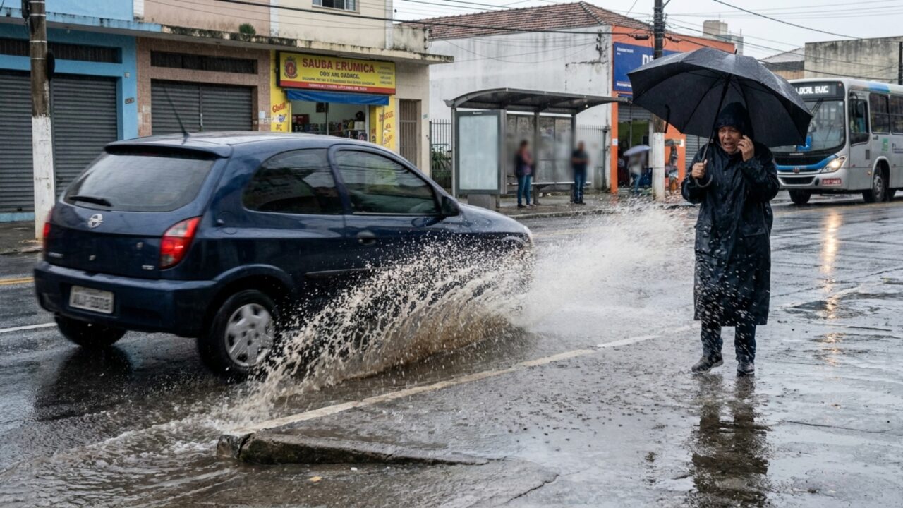 Multa de R$ 130 e pontos na carteira para o motorista que espirrar água da poça em pedestres durante a chuva
