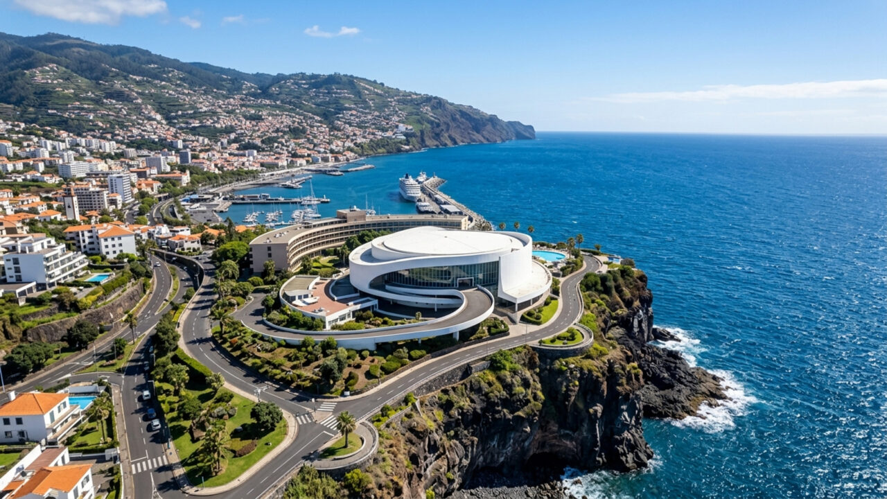 Com suas curvas de concreto armado de 1976 projetadas por Oscar Niemeyer, a estrutura monumental domina o horizonte e o turismo de lazer da ilha