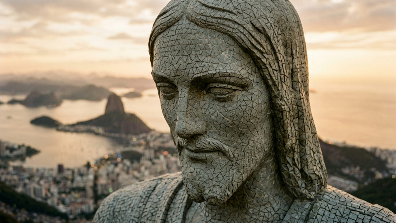 Erguido a 709 metros de altitude no topo do Corcovado, o monumento de concreto
armado de 1931 abraça o Rio de Janeiro com seus 38 metros de altura 