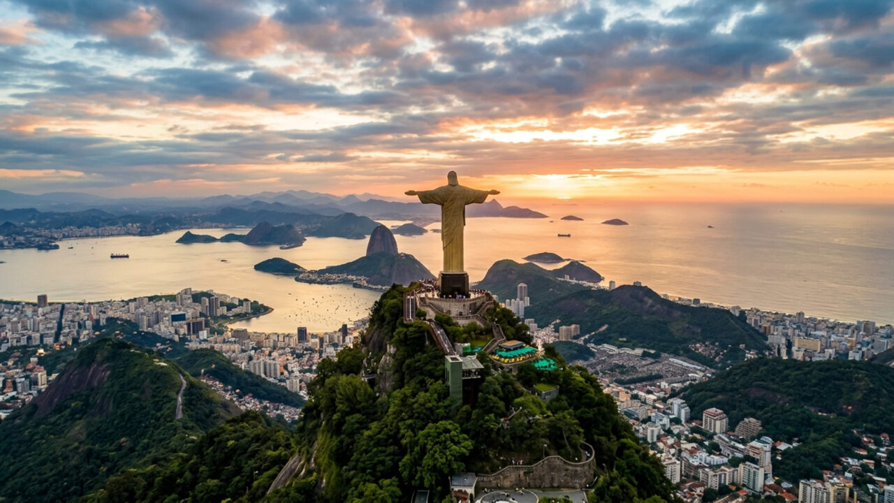 Erguido a 709 metros de altitude no topo do Corcovado, o monumento de concreto armado de 1931 abraça o Rio de Janeiro com seus 38 metros de altura