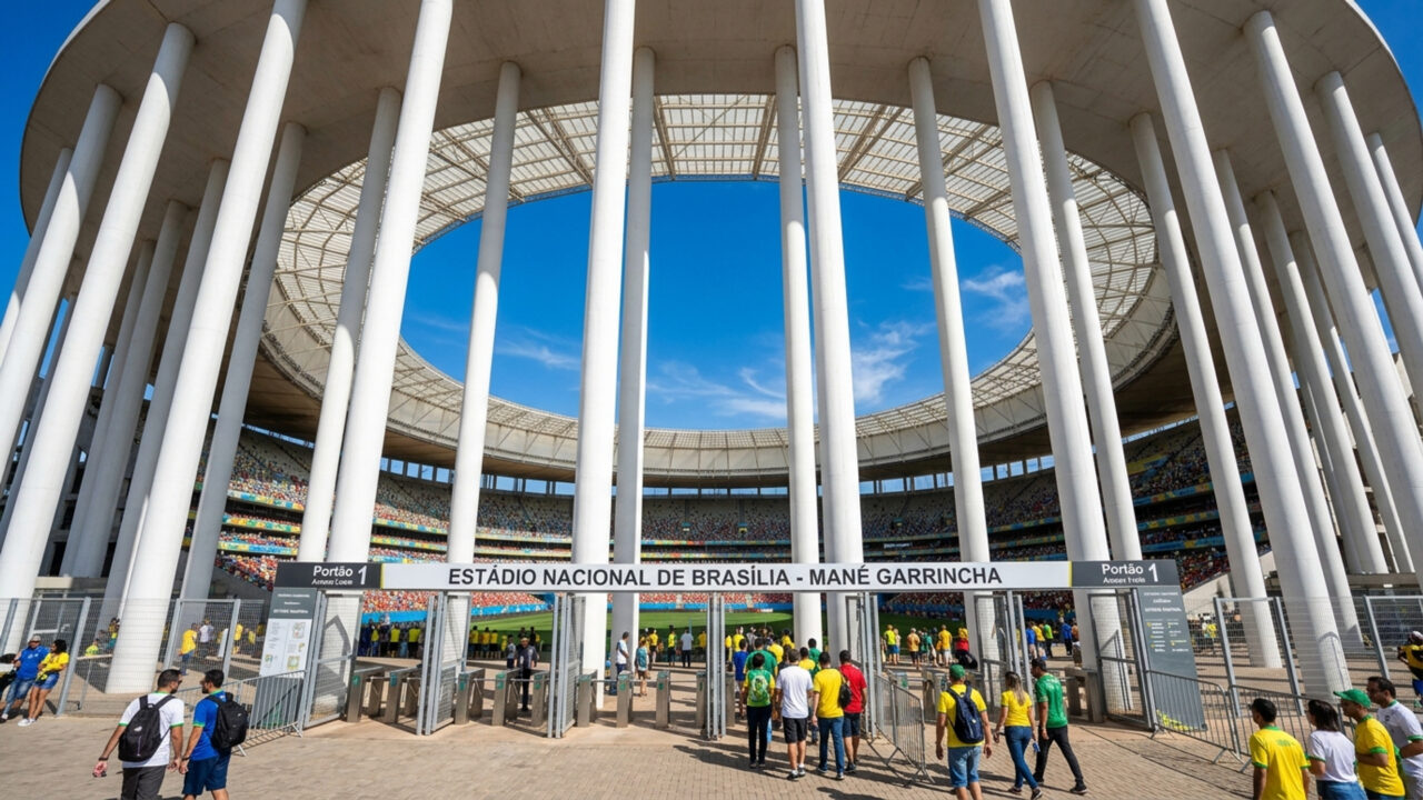 Projetado por Eduardo de Castro Mello em 2013 com 288 colunas de concreto e 72 mil lugares, o estádio do DF é um monumento olímpico