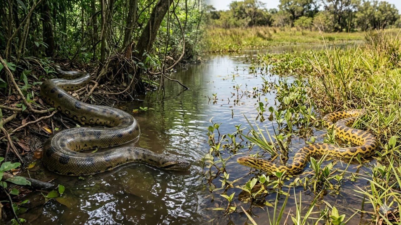 Como a sucuri-amarela da Amazônia se diferencia da verde em tamanho e hábitat revelando a diversidade oculta das anacondas brasileiras
