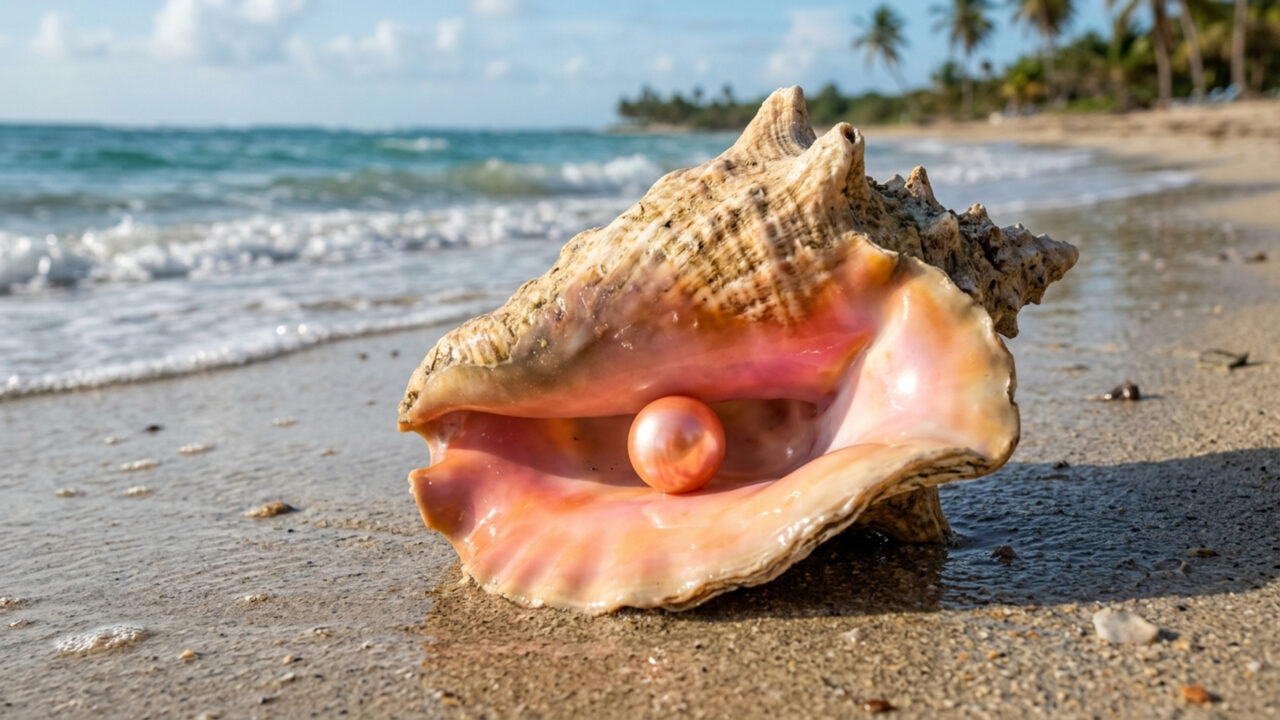 Produzida por caracóis marinhos e exibindo um padrão de chamas rosa, esta joia de US$ 15.000 por quilate é o segredo mais raro dos oceanos