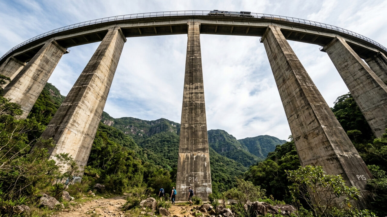 Estendendo-se por 509 metros de comprimento e a 143 metros de altura, a
estrutura ferroviária de 1978 é o maior viaduto de toda a América Latina