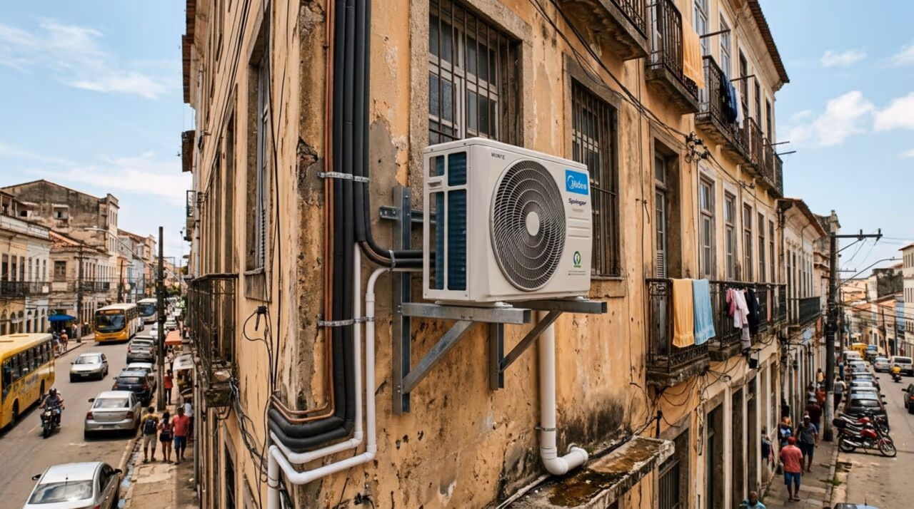 Morador instala ar-condicionado na fachada para suportar o calor, mas equipamento acaba iniciando impasse no prédio