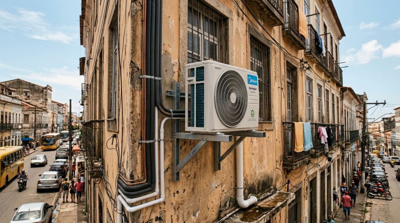 Morador instala ar-condicionado na fachada para suportar o calor, mas equipamento acaba iniciando impasse no prédio
