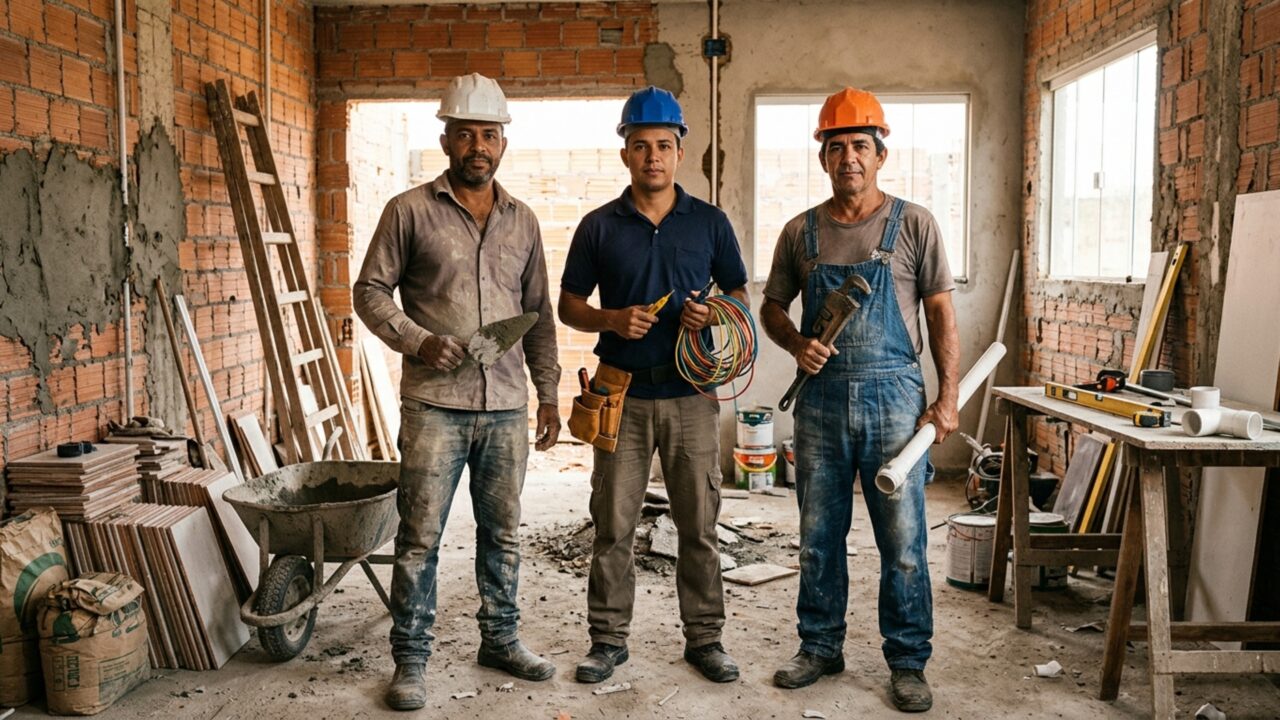Quanto um pedreiro, um eletricista e um encanador cobram pela mão de obra em junho de 2026?