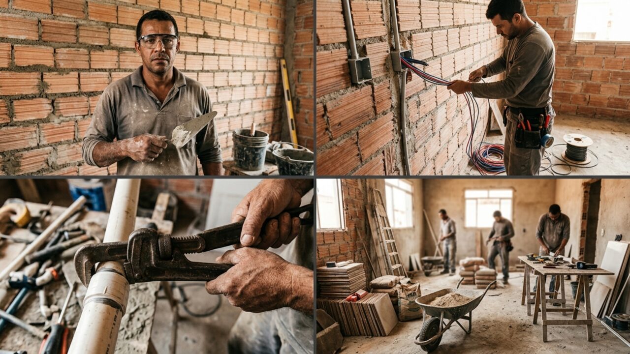 Quanto um pedreiro, um eletricista e um encanador cobram pela mão de obra em junho de 2026?