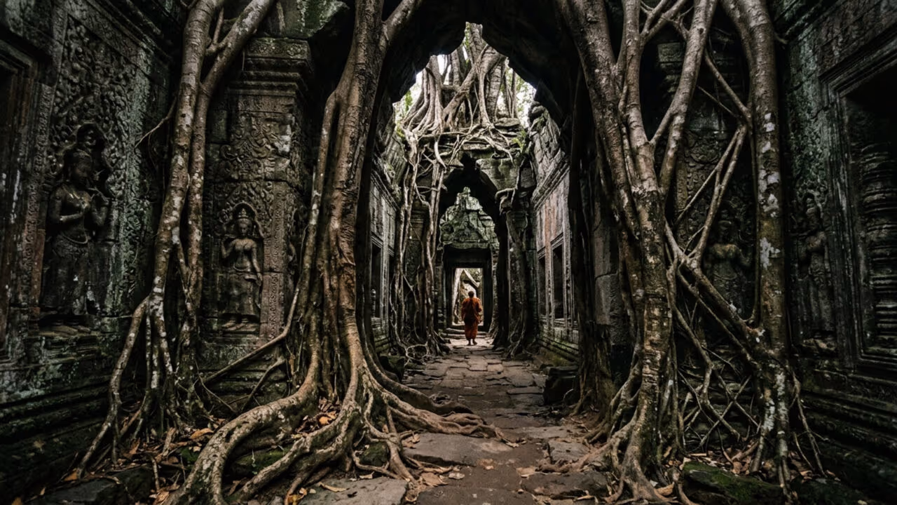 Famoso por ter suas ruínas milenares engolidas por raízes gigantescas de árvores centenárias, o templo de Ta Prohm é um espetáculo no Camboja