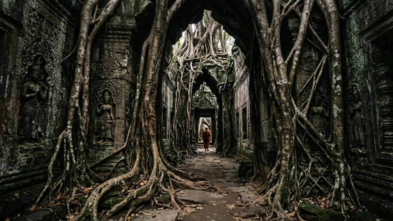 Famoso por ter suas ruínas milenares engolidas por raízes gigantescas de árvores centenárias, o templo de Ta Prohm é um espetáculo no Camboja