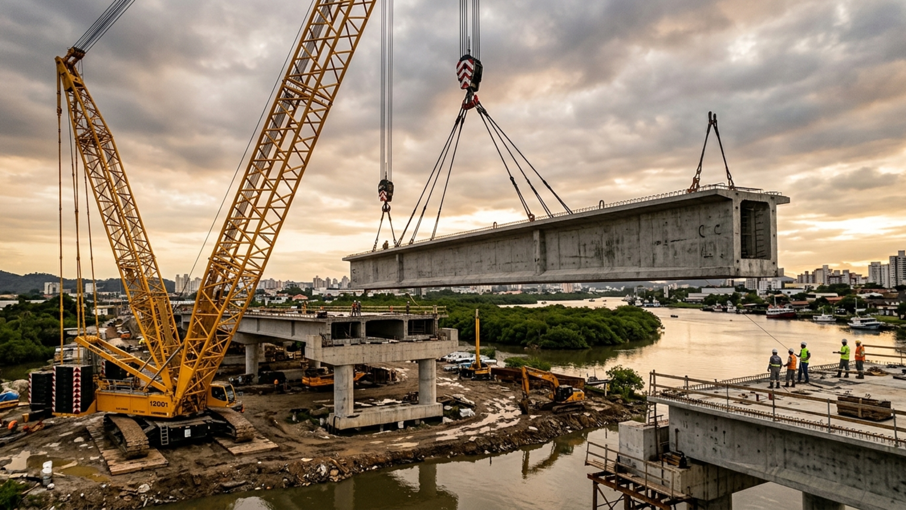 Vigas de 16 toneladas e 20 metros serão içadas por guindaste gigante em obra de 27 milhões que vai beneficiar diretamente mais de 114 mil moradores