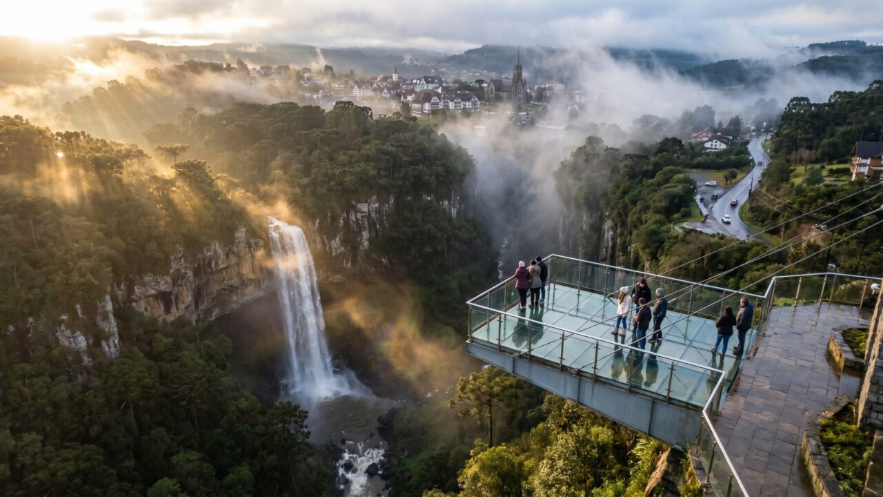 A cascata de 131 metros e a plataforma de vidro suspensa a 360 metros: o que ver na capital dos parques temáticos da Serra Gaúcha