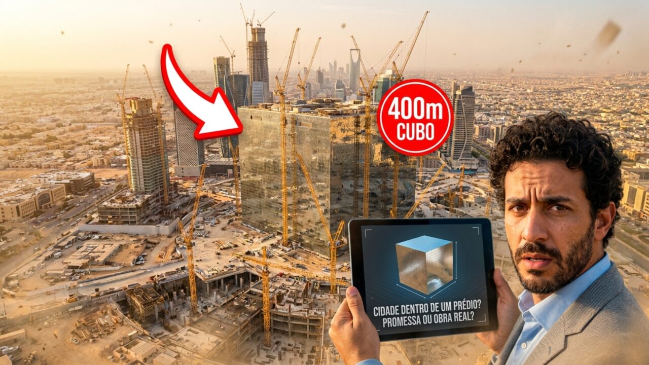 Com 400 metros de altura e espaço para 20 prédios Empire State, a gigantesca cidade-cubo na Arábia Saudita desafia a arquitetura moderna com um mundo digital dentro de um edifício