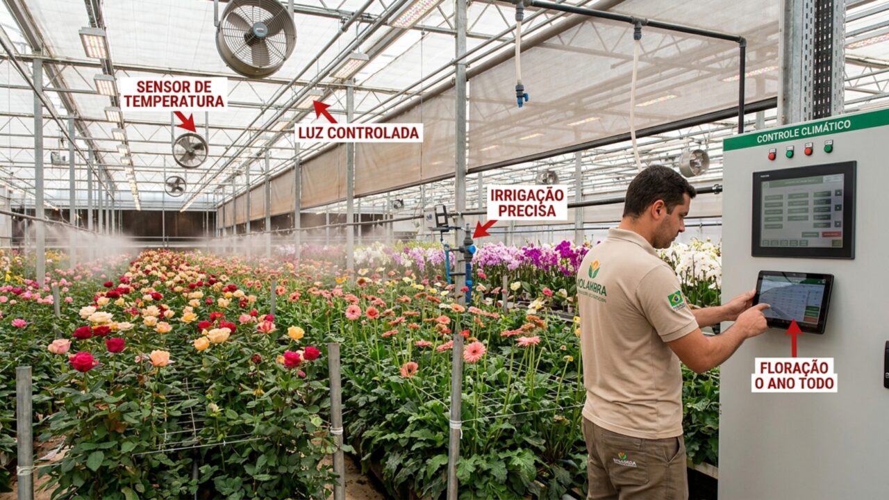Controlando o clima de dezenas de estufas gigantes para simular a neblina europeia uma pequena cidade brasileira domina 45% da produção nacional de flores