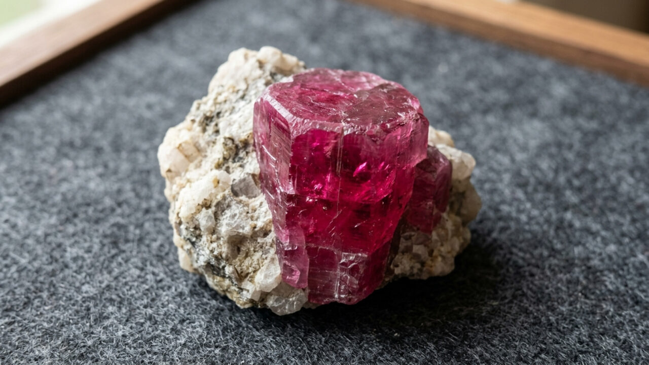 Descoberto em 2002, este raríssimo cristal de césio e lítio brilha com uma intensa tonalidade framboesa única na geologia e rivaliza com os mais belos berilos vermelhos