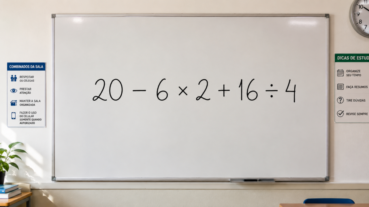 20 − 6 × 2 + 16 ÷ 4 parece fácil, mas a ordem das operações derruba muita gente
