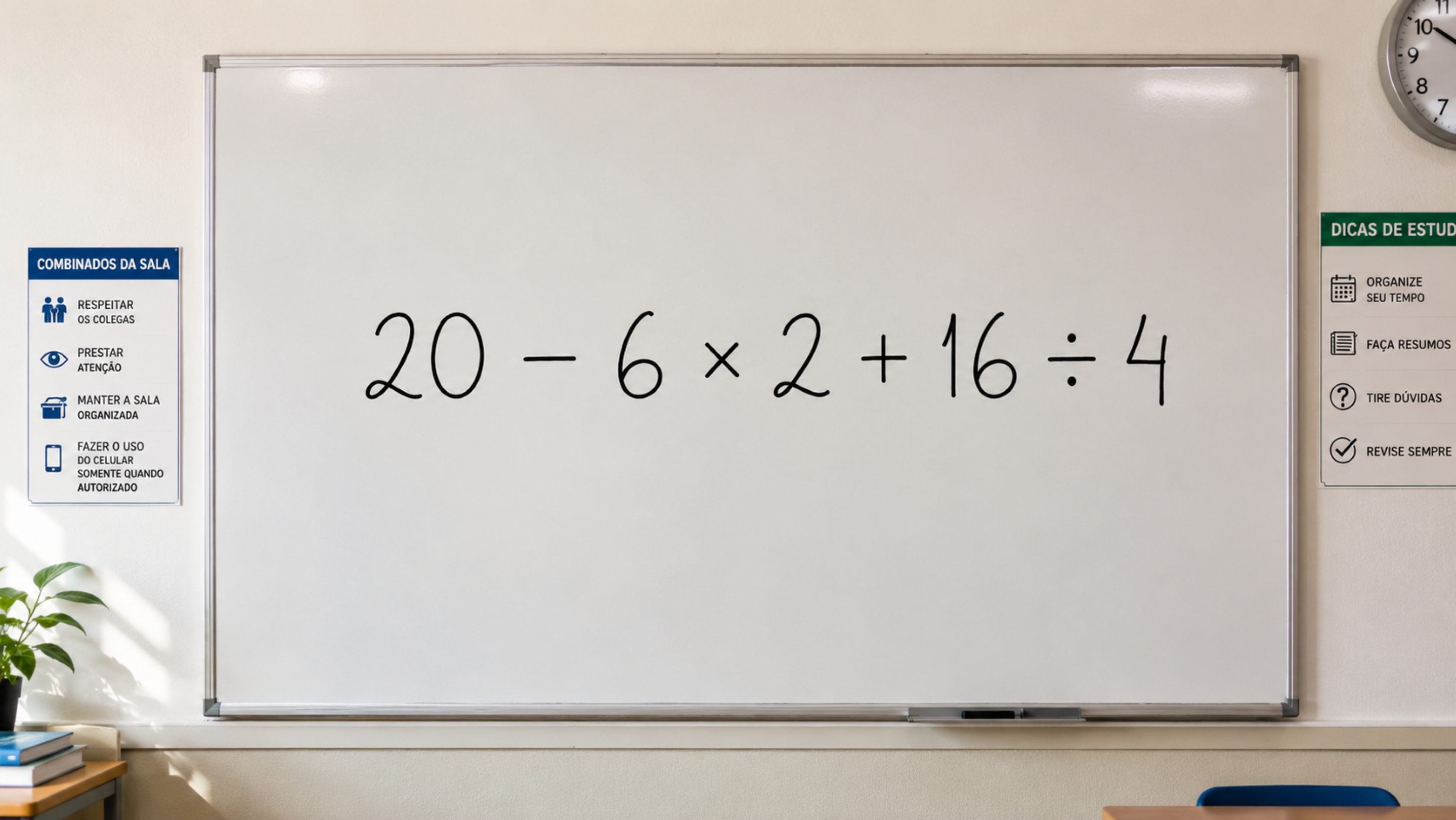 20 − 6 × 2 + 16 ÷ 4 parece fácil, mas a ordem das operações derruba muita gente