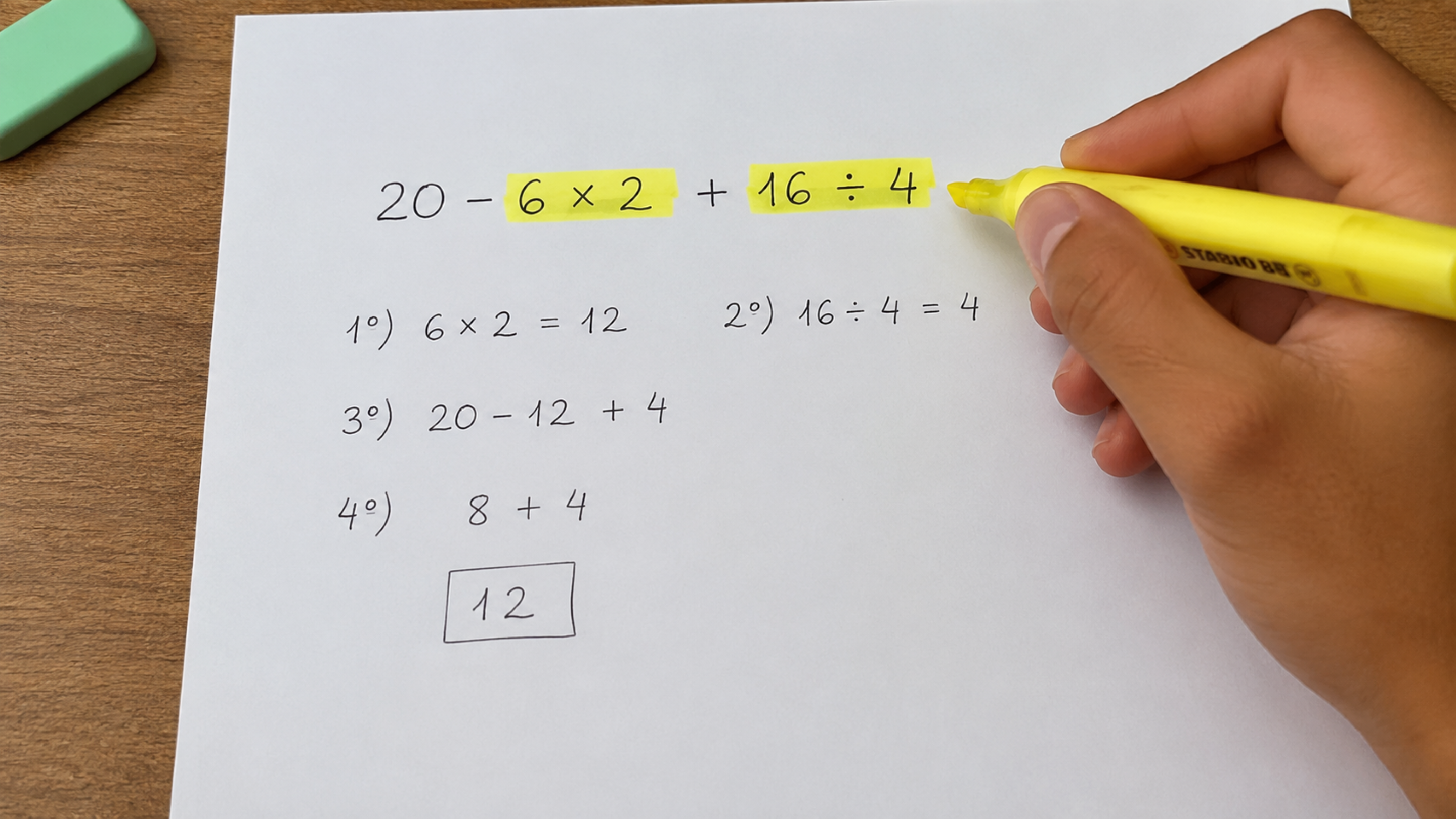 20 − 6 × 2 + 16 ÷ 4 parece fácil, mas a ordem das operações derruba muita gente