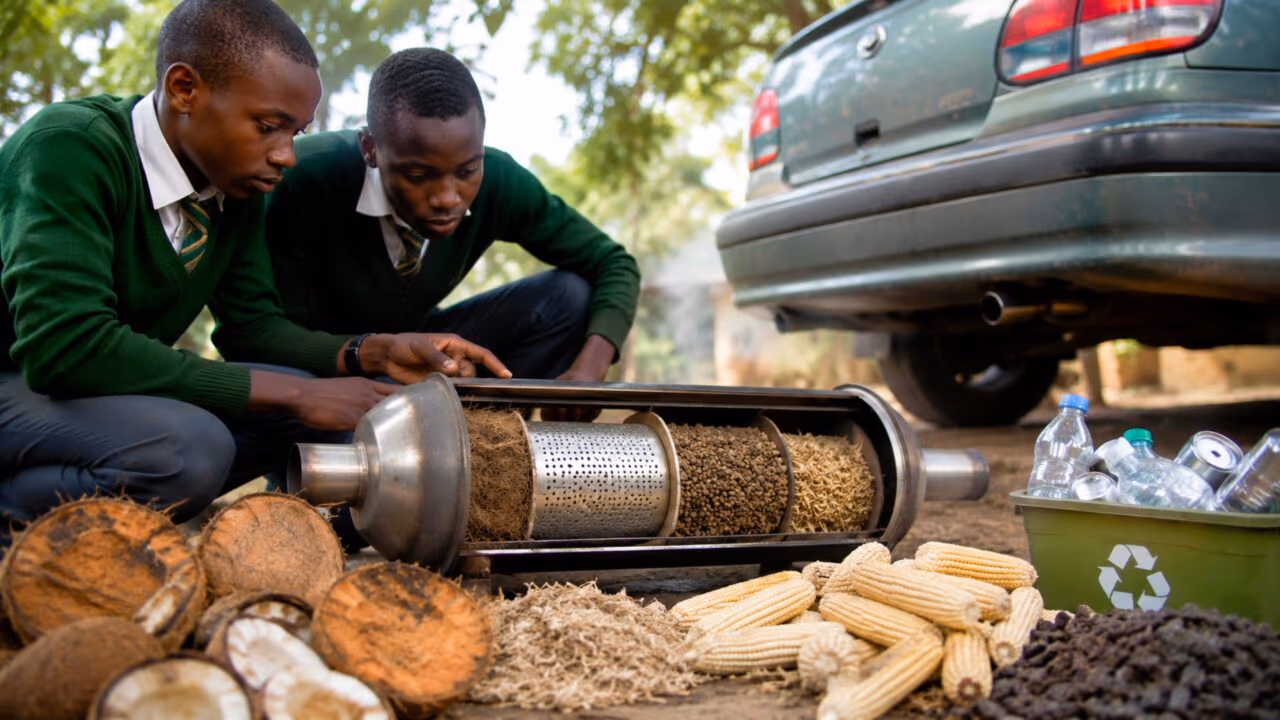 Dois quenianos de apenas 17 anos usam cascas de coco, espigas de milho e reciclados para criar filtro de escapamento que reduz 93,3% das partículas poluentes e vencem prêmio ambiental na África