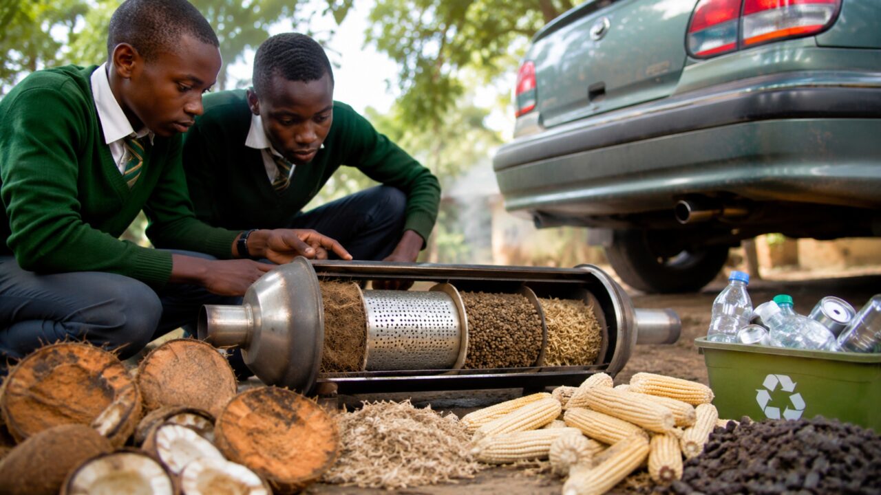 Dois quenianos de apenas 17 anos usam cascas de coco, espigas de milho e reciclados para criar filtro de escapamento que reduz 93,3% das partículas poluentes e vencem prêmio ambiental na África