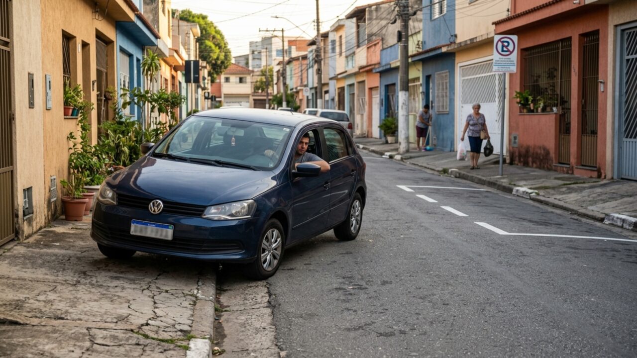 A atitude “educada” de estacionar o carro com duas rodas em cima da calçada para não atrapalhar a rua estreita que ativa a multa imediata e o guincho impiedoso do Artigo 181 do CTB