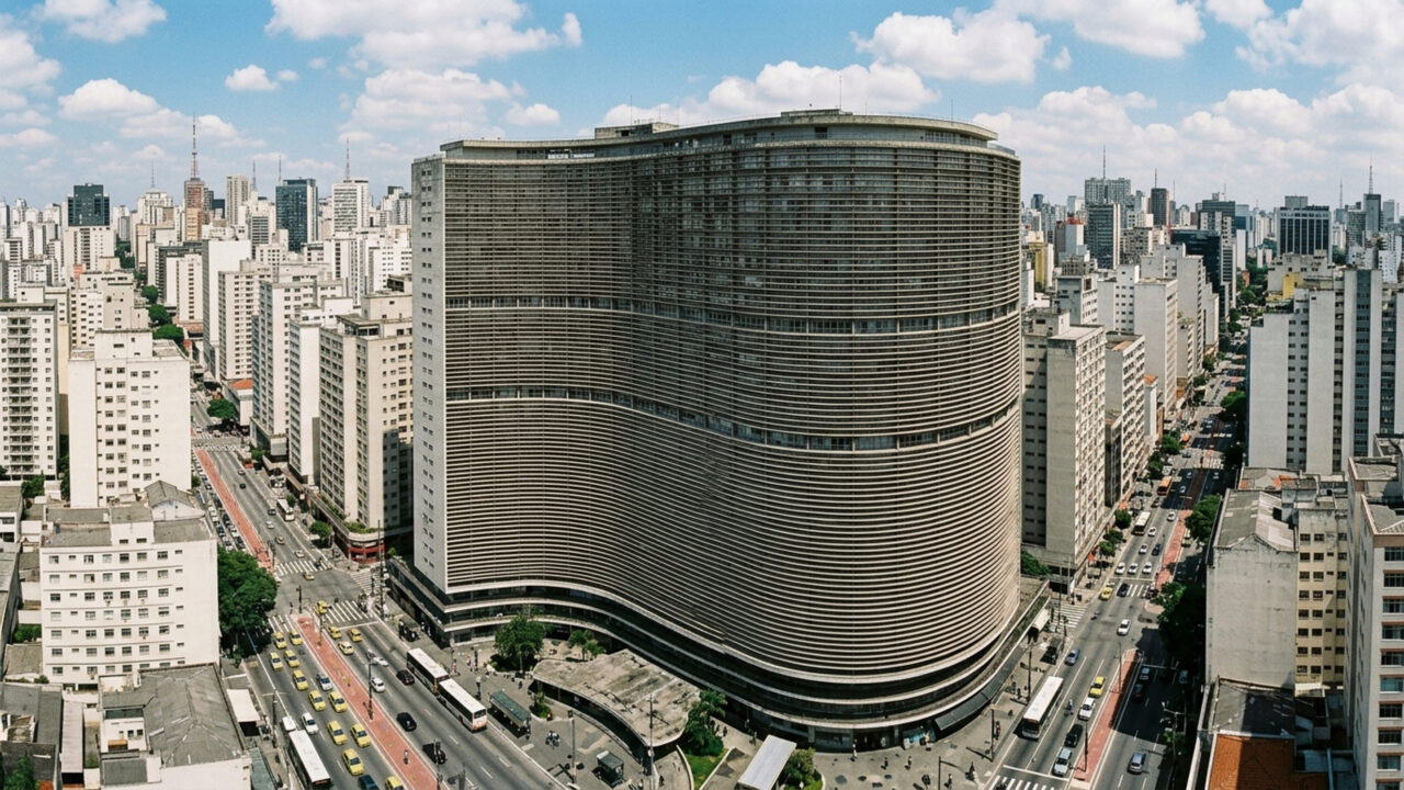 Com sua fachada sinuosa projetada por Oscar Niemeyer em 1951 e 1.160 apartamentos, a estrutura tornou-se a maior cidade vertical de São Paulo 
