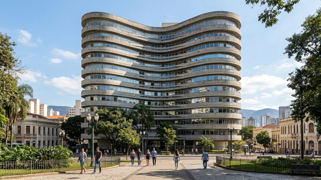 Desenhado em 1954 com suas icônicas curvas de concreto que remetem à Pampulha, o
edifício de 12 andares marca a Praça da Liberdade em Belo Horizonte