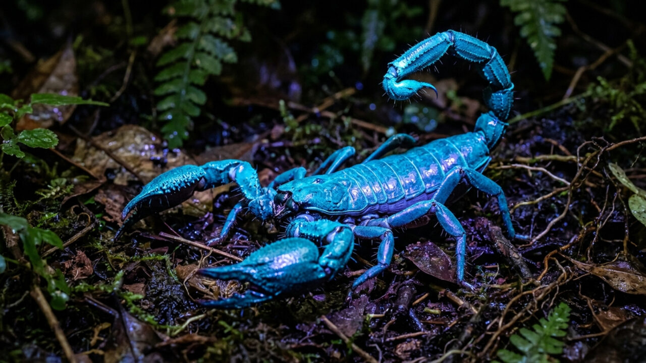 Exibindo uma armadura negra de 20 centímetros de comprimento que brilha sob luz ultravioleta, este gigante das sombras caça à noite na floresta