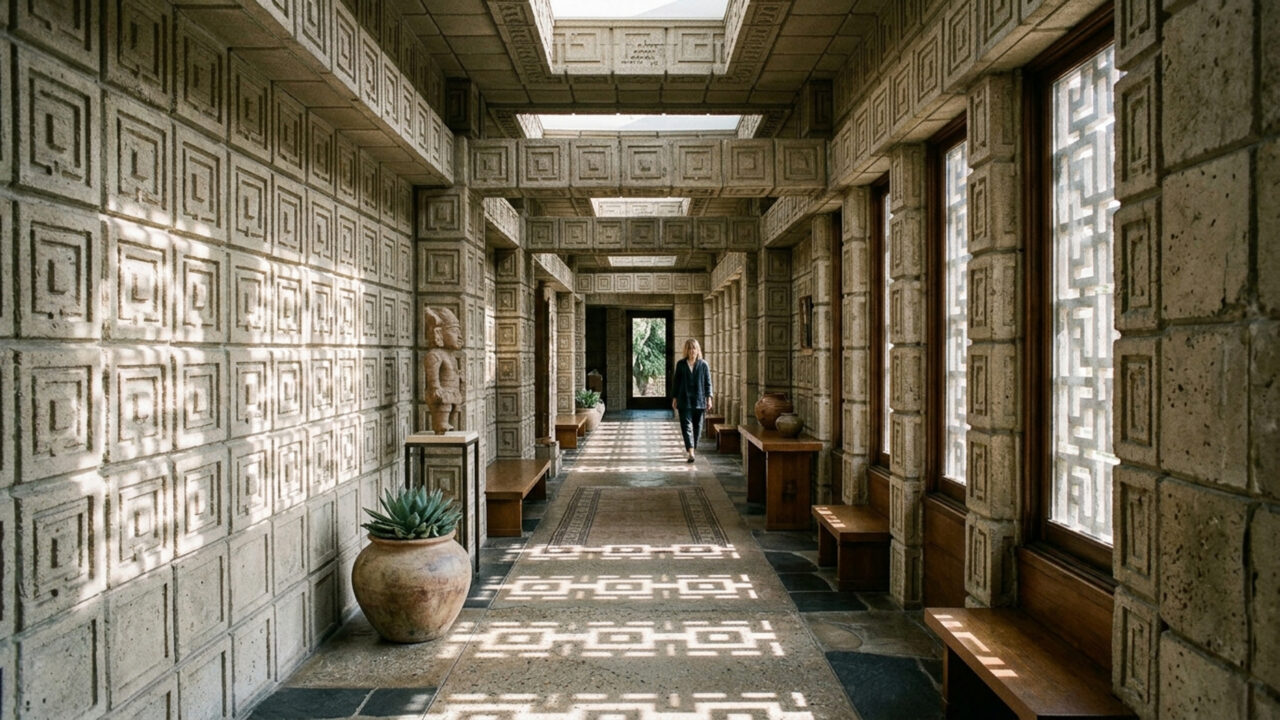 Desenhada por Frank Lloyd Wright em 1924 usando 27 mil blocos de concreto texturizados, a mansão em Los Angeles resgata a monumental arte maia