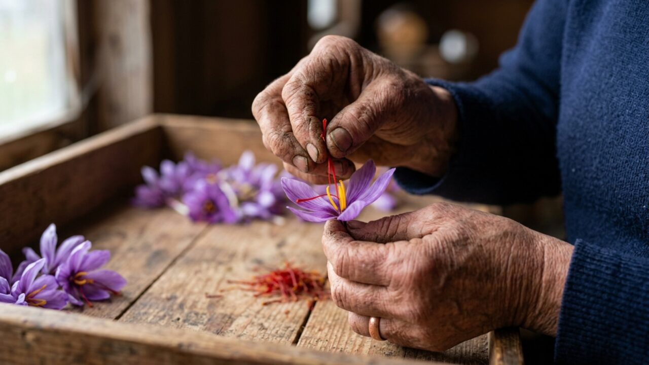Quanto custa 1 grama de açafrão colhido fio por fio de flores roxas?