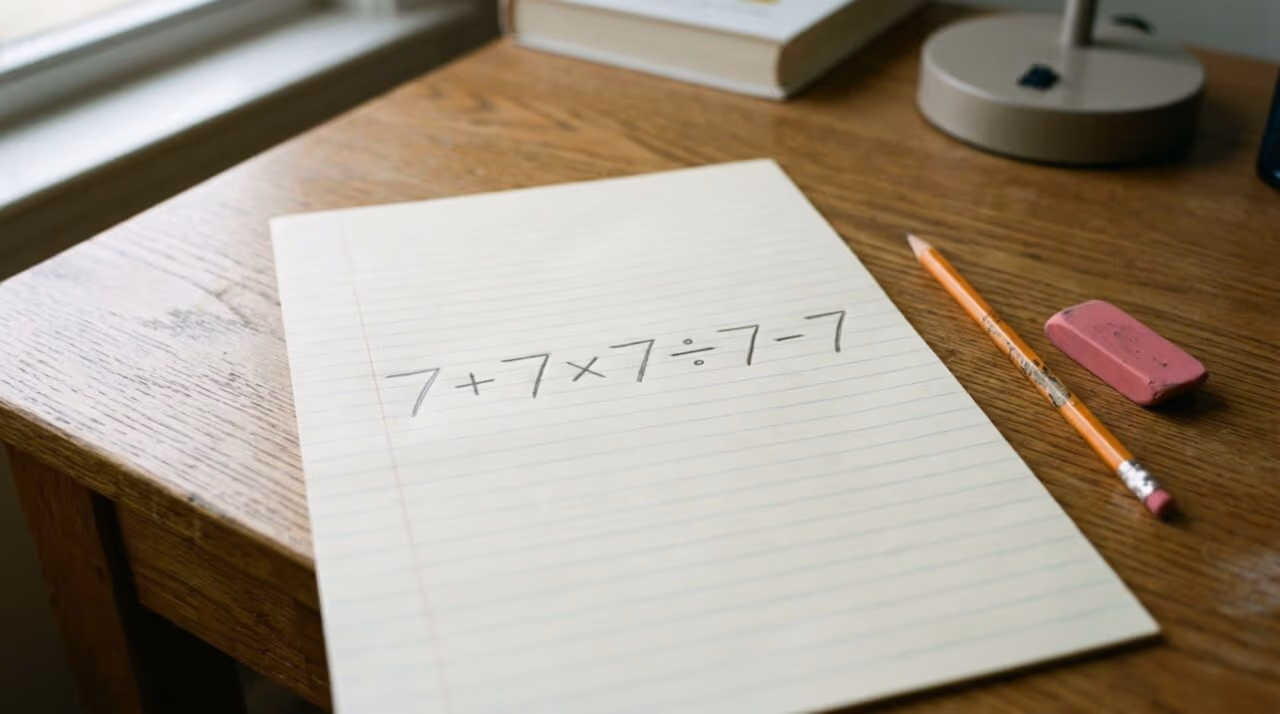 A repetição do número 7 engana leitores e transforma 7 + 7 × 7 ÷ 7 – 7 em pegadinha