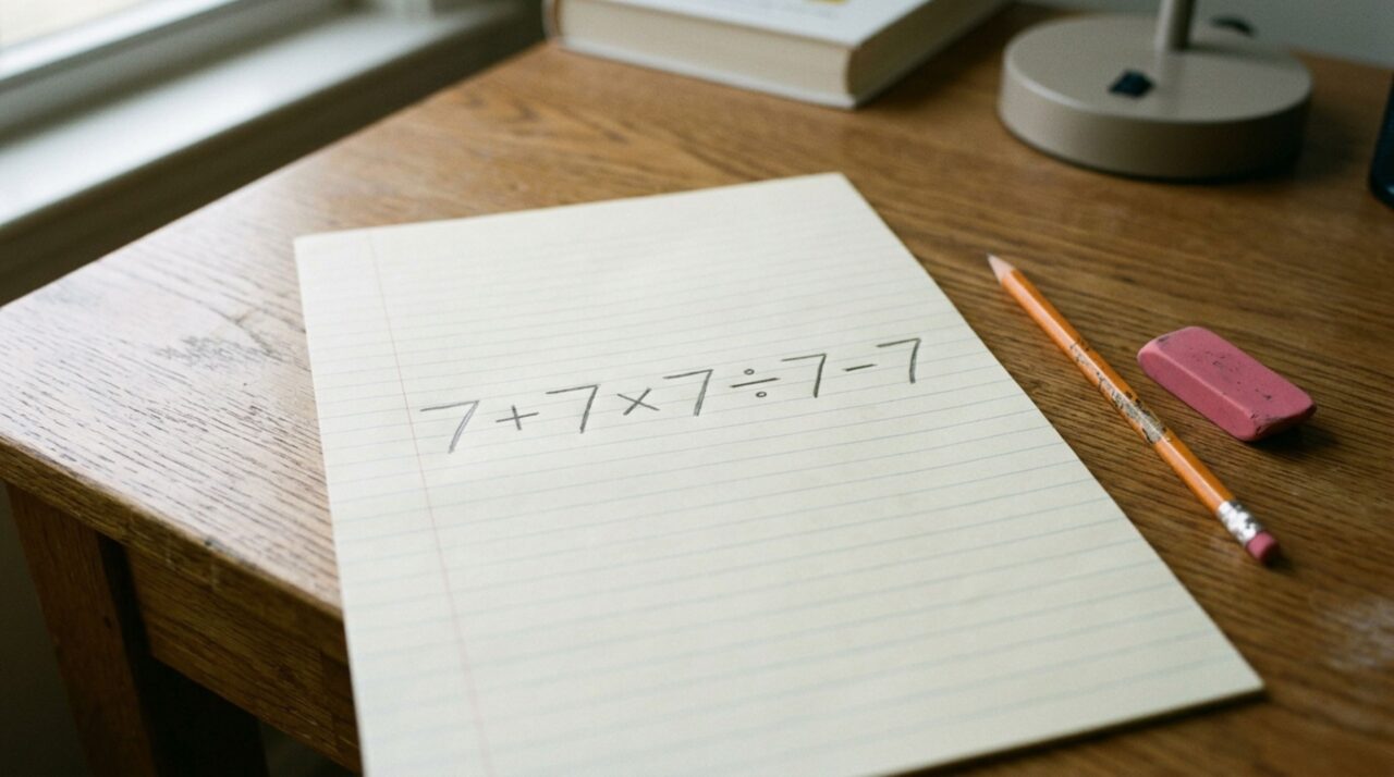 A repetição do número 7 engana leitores e transforma 7 + 7 × 7 ÷ 7 – 7 em pegadinha