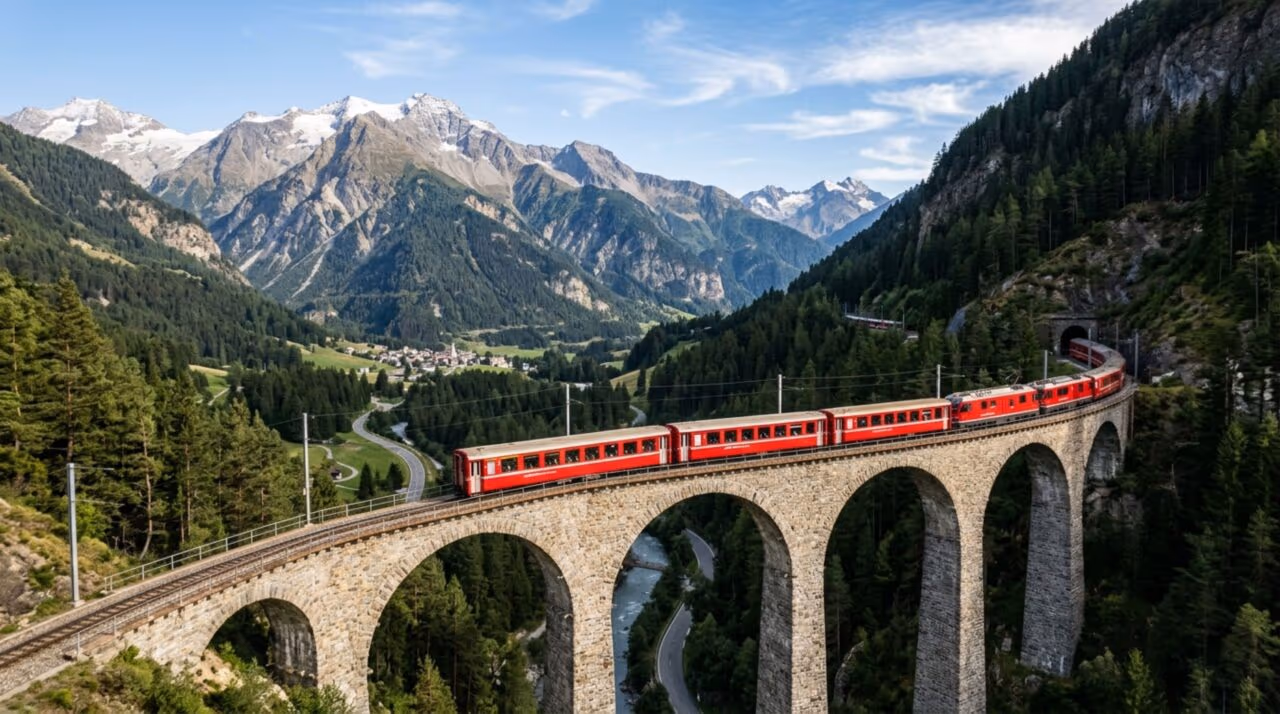 Bernina Express atravessa 55 túneis e 196 pontes entre a Suíça e a Itália em uma viagem que vale antes da chegada