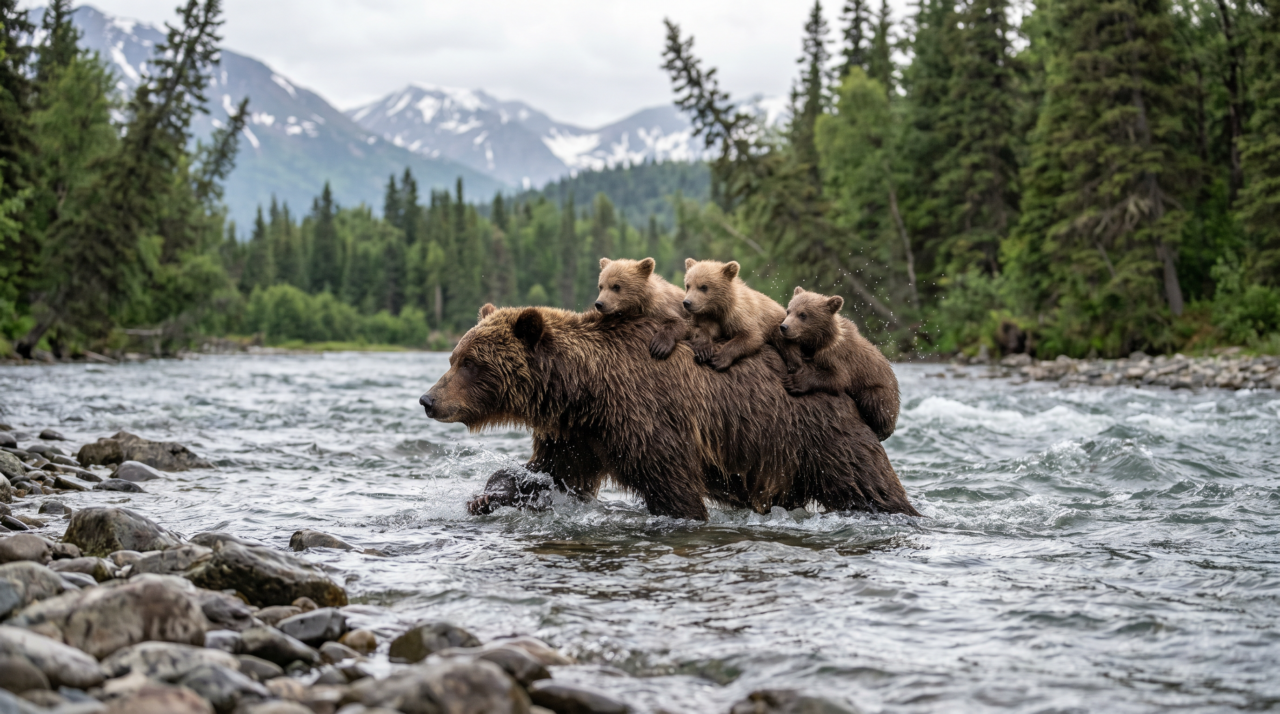 Fotografo faz registro incrível do urso grizzly atravessando o rio repleto de filhotes agarrados às suas costas